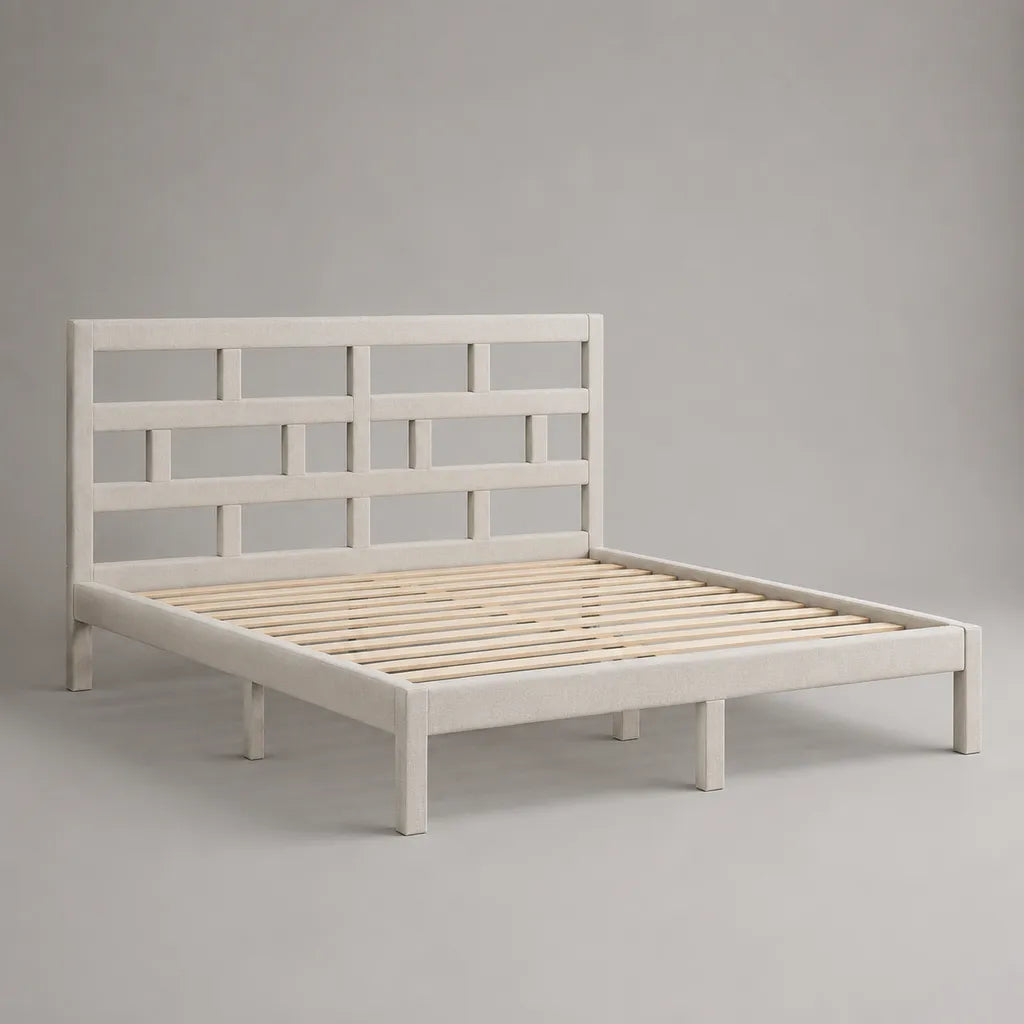 Polsterbett Doppelbett mit Holzlattenrost und Polyesterbezug, Weiß/Natur, Liegefläche 140 x 200 cm, Gesamtmaß 148 x 208 x 105 cm