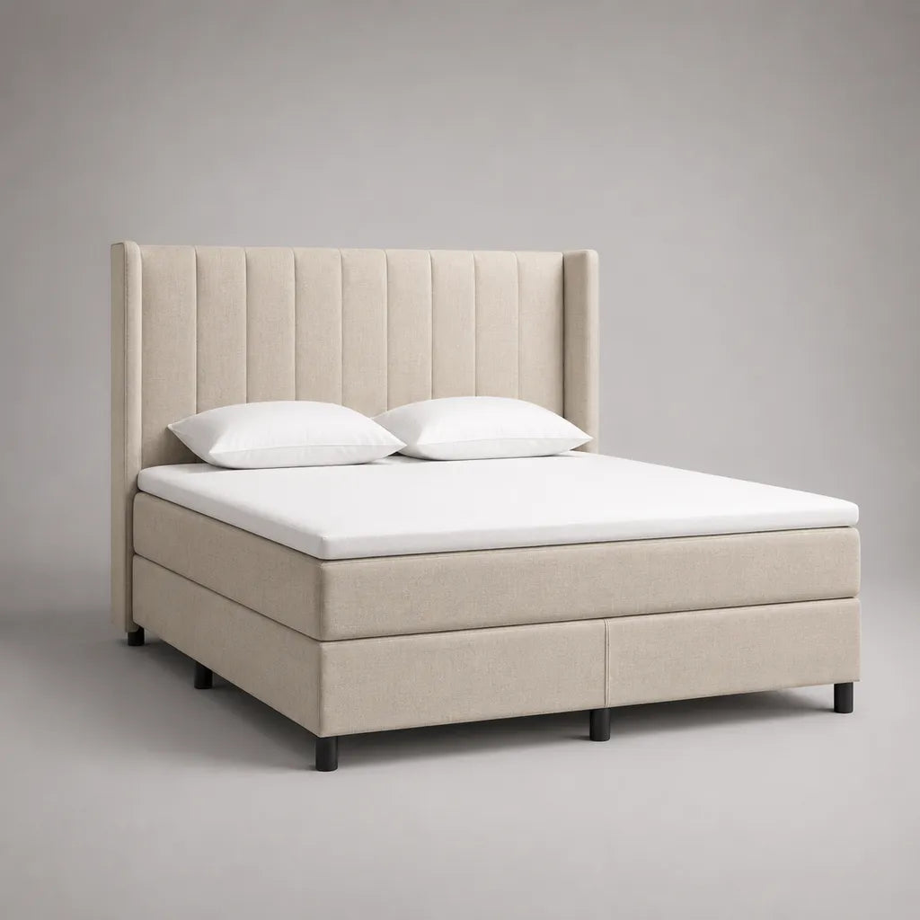 Boxspringbett-Set Doppelbett mit Taschenfederkernmatratze, Polyesterbezug und Topper, Beige, 180 x 200 cm