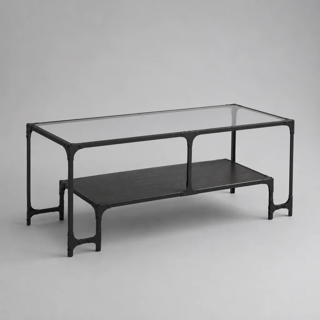 Rechteckiger Couchtisch mit Ablage aus Glas und Stahl, Schwarz/Transparent, 110 × 55 × 45 cm