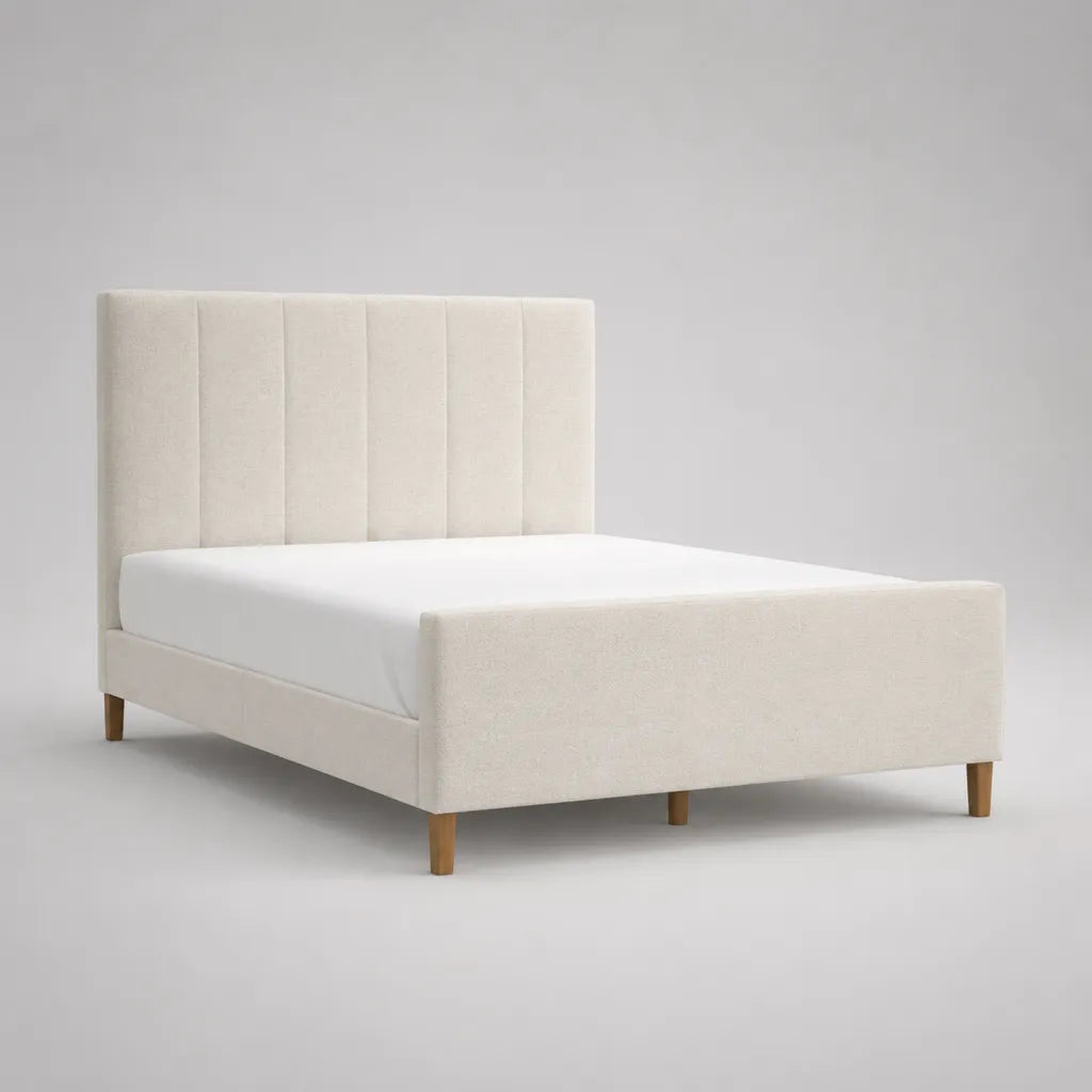 Polsterbett Doppelbett mit hohem Kopfteil, Polyesterbezug und Massivholzfüßen, Creme/Hellbraun, Liegefläche 160 x 200 cm