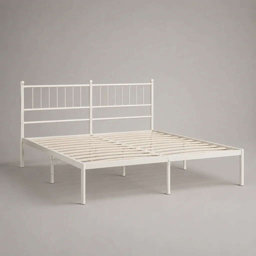 Metallbett, Doppelbett aus Stahl mit Kopfteil, Weiß, Liegefläche 140 × 200 cm, Gesamtmaß 207 × 146 × 91 cm