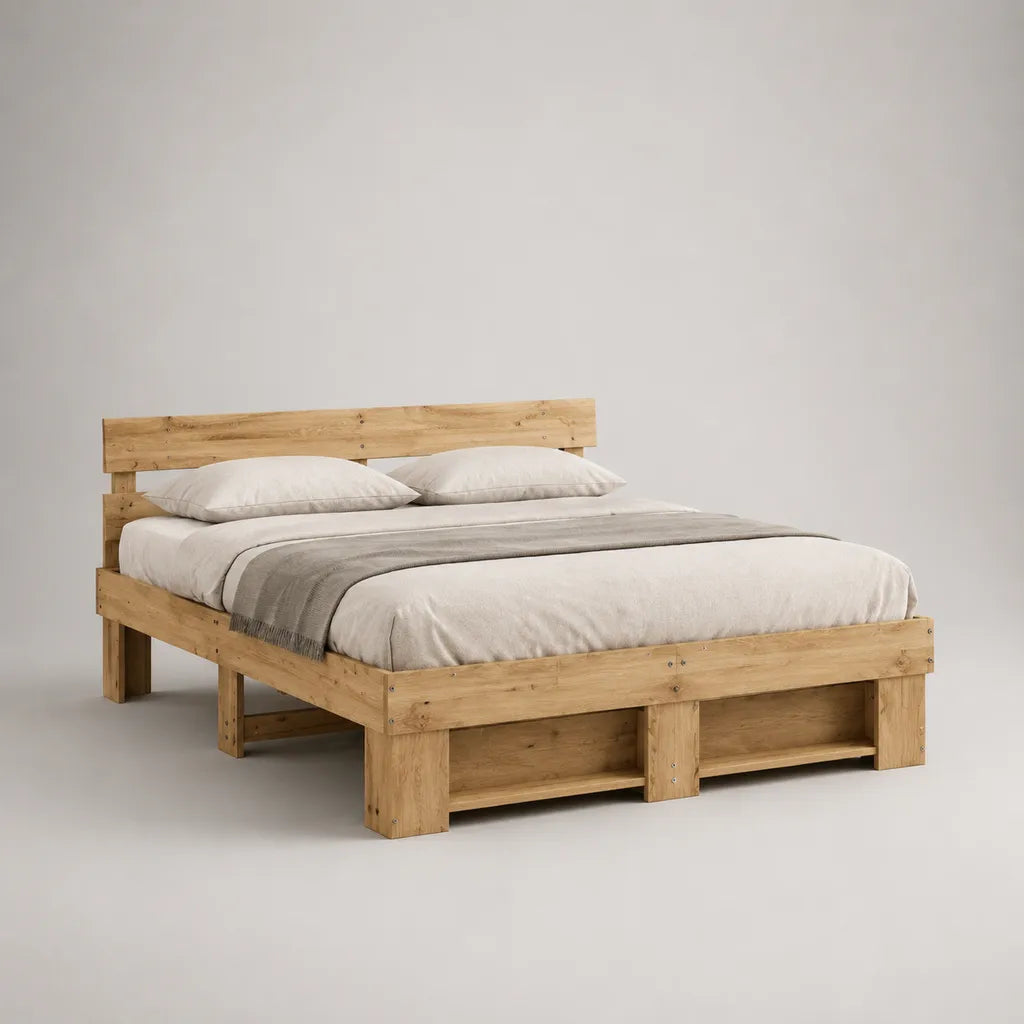 Massivholzbett Doppelbett aus Kiefer mit Kopfteil und 2 offenen Staufächern, Natur, Liegefläche 160 × 200 cm