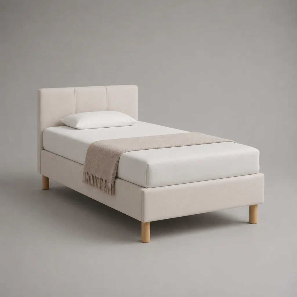 Polsterbett 90 × 200 cm mit Kopfteil, Polyester, Creme/Natur, 100 × 212 × 105 cm