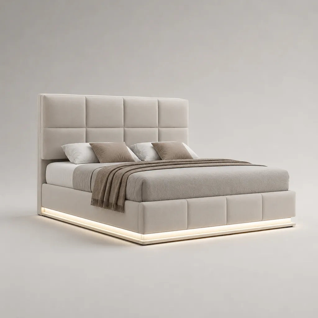 Polsterbett Doppelbett mit LED-Beleuchtung, Polyester-Mikrofaser, Beige, Liegefläche 180 x 200 cm