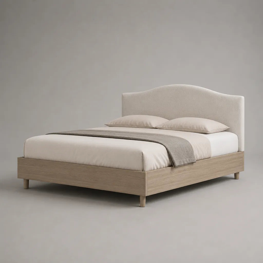 Bettgestell 160 × 200 cm aus Holzwerkstoff mit gepolstertem Kopfteil, Beige/Naturfarben, 168 × 216 × 112 cm