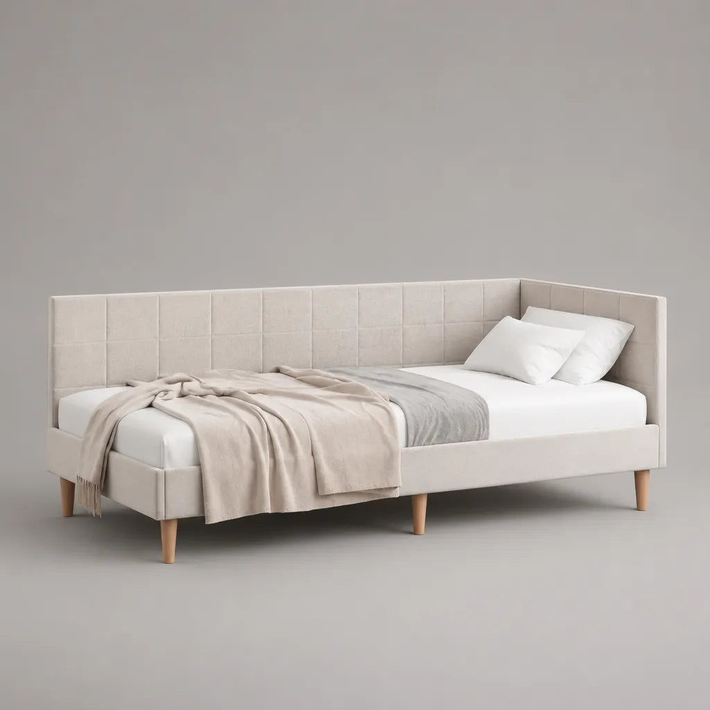 Tagesbett 90 × 200 cm, Polsterbett mit rechter Eckrückenlehne und Polyesterbezug, Beige/Naturfarben