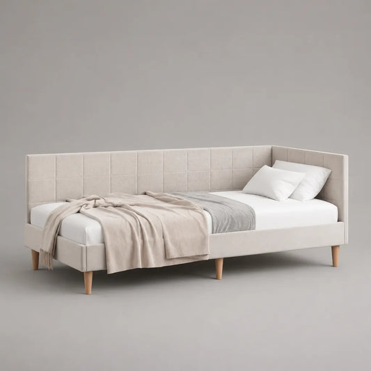 Tagesbett 90 × 200 cm, Polsterbett mit rechter Eckrückenlehne und Polyesterbezug, Beige/Naturfarben