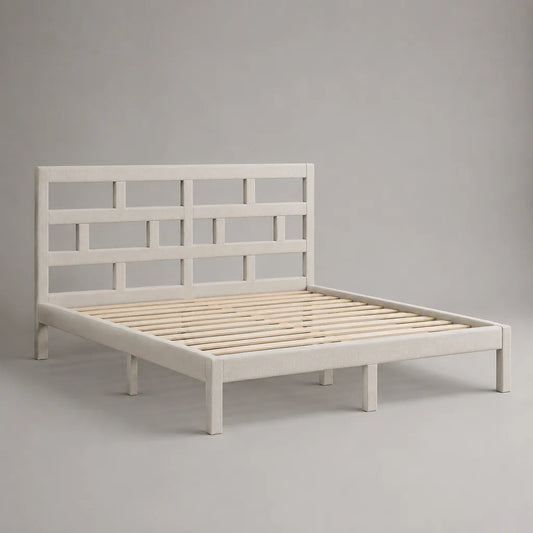 Polsterbett Doppelbett mit Holzlattenrost und Polyesterbezug, Weiß/Natur, Liegefläche 140 x 200 cm, Gesamtmaß 148 x 208 x 105 cm