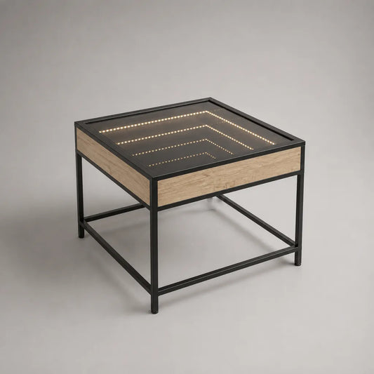 Quadratischer LED-Couchtisch mit Unendlichkeitsspiegel aus Stahl, MDF und Glas, Schwarz/Eiche natur, 60 × 60 × 50 cm