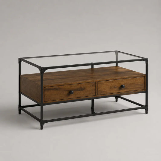 Rechteckiger Couchtisch mit 2 Schubladen aus Akazienholzfurnier, Stahl und Glas, Braun/Schwarz/Transparent, 110 × 60 × 60 cm