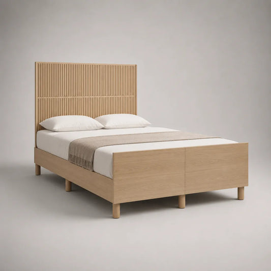 Doppelbettgestell 160 × 200 cm aus MDF mit Eichenfurnier, geriffeltes Kopfteil, Eiche Natur, 168 × 208 × 120 cm