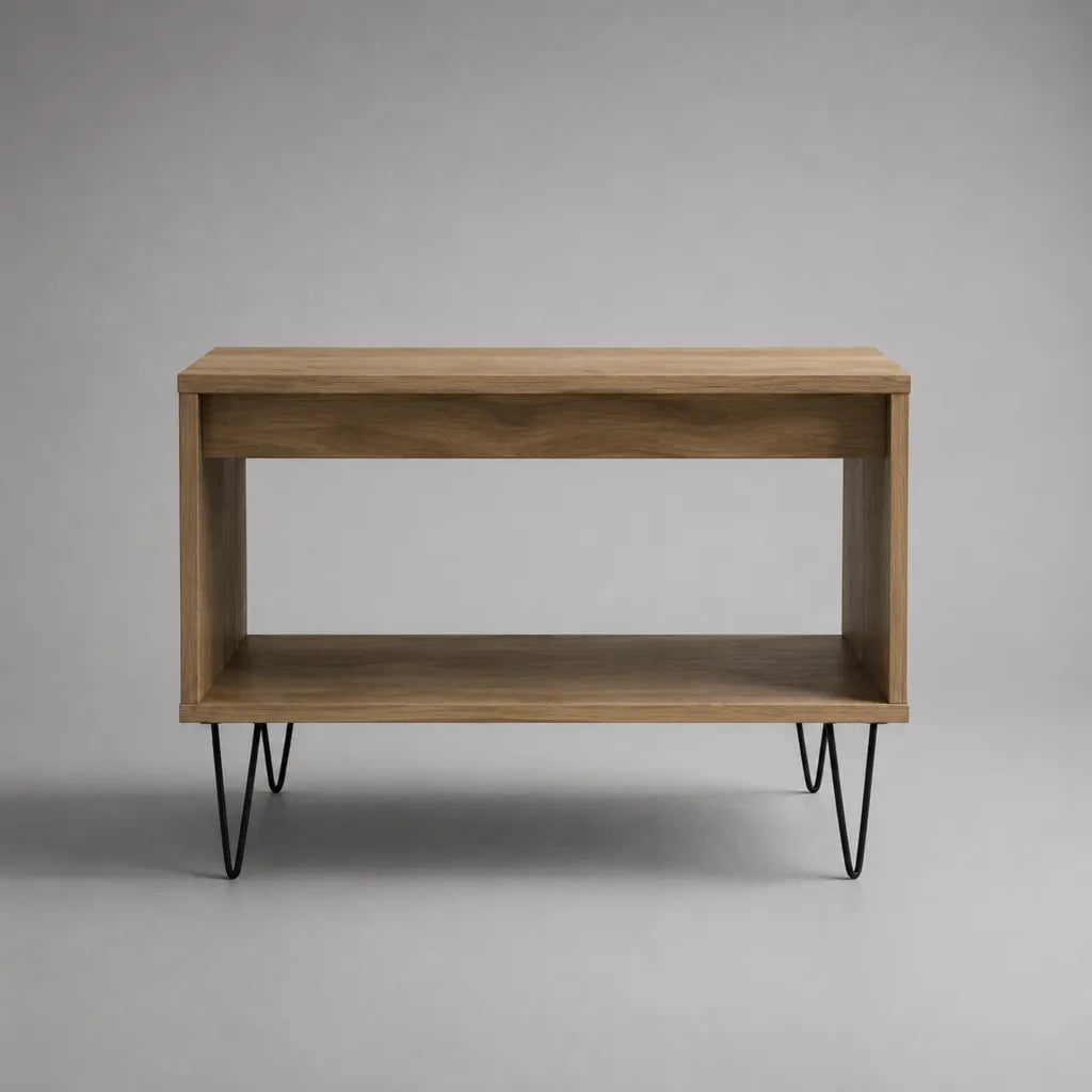Rechteckiger Couchtisch mit Ablage aus Spanplatte und Stahl, Eichefarben/Schwarz, 80 x 40 x 50 cm