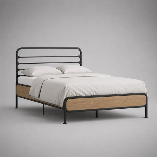 Doppelbett Metallbettgestell mit Holzwerkstoff-Einsätzen, 160 × 200 cm, Schwarz/Natur