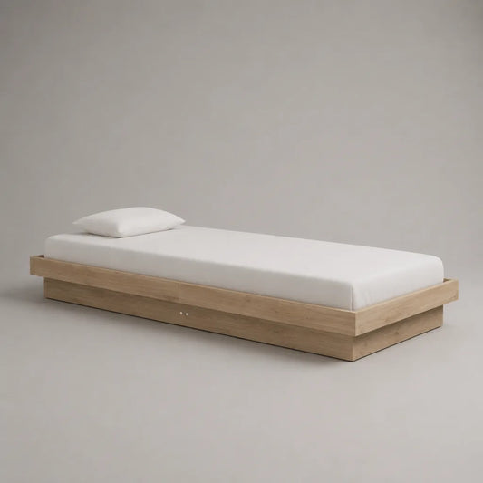 Einzelbett mit Stauraumschublade und PU-Schaummatratze, Eichenfurnier, Eiche natur/Weiß, Liegefläche 90 × 200 cm, 2-teilig