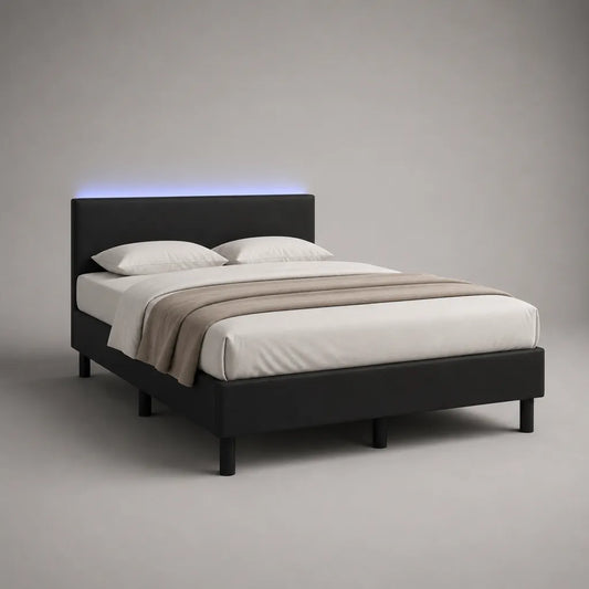 Polsterbett mit LED-Beleuchtung, Doppelbett mit Polyesterbezug, Schwarz, 169 × 210 × 103 cm, Liegefläche 160 × 200 cm
