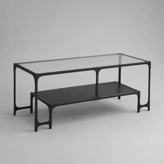 Rechteckiger Couchtisch mit Ablage aus Glas und Stahl, Schwarz/Transparent, 110 × 55 × 45 cm