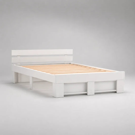 Doppelbett aus massiver Kiefer mit Lattenrost und Kopfteil, Weiß/Natur, Liegefläche 140 × 200 cm, Gesamtmaß 208 × 148 × 85 cm