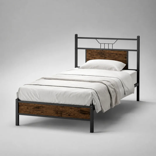 Einzelbettgestell aus Stahl und Holz, Schwarz/Braun, Liegefläche 90 × 200 cm
