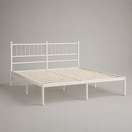 Metallbett, Doppelbett aus Stahl mit Kopfteil, Weiß, Liegefläche 140 × 200 cm, Gesamtmaß 207 × 146 × 91 cm