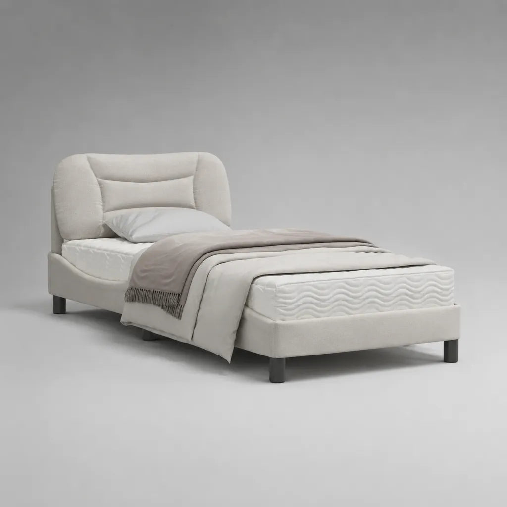 Polsterbett 140 × 200 cm mit gepolstertem Kopfteil, Polyester-Bouclé, Cremeweiß