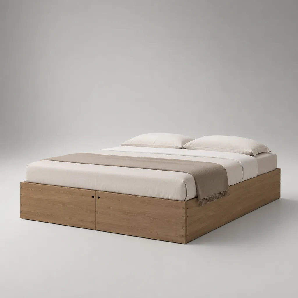 Stauraumbett 160 × 200 cm, Doppelbett-Bettgestell aus Spanplatte mit 2 Frontstaufächern, Eichefarben und Schwarz, 205 × 165 × 42 cm