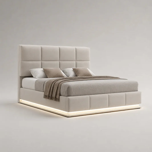 Polsterbett Doppelbett mit LED-Beleuchtung, Polyester-Mikrofaser, Beige, Liegefläche 180 x 200 cm