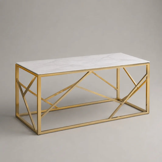 Rechteckiger Couchtisch mit MDF-Tischplatte in Marmoroptik und Stahlgestell, Weiß/Gold, 100 x 50 x 45 cm