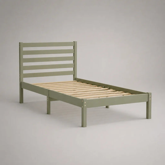 Einzelbett mit Lattenrost aus massivem Kiefernholz, Olivgrün/Natur, Liegefläche 90 × 200 cm, Gesamtmaß 208 × 98 × 100 cm