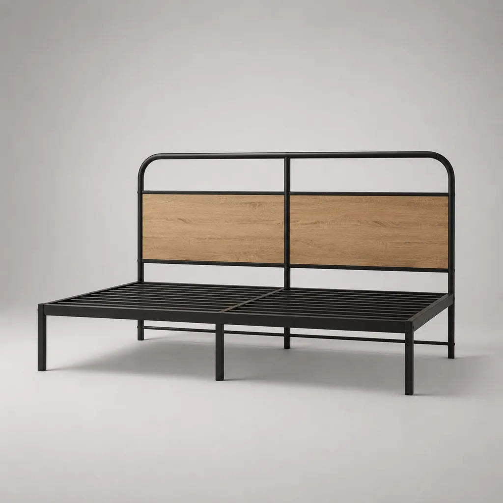 Metallbett-Bettgestell 160 x 200 cm aus Stahl und MDF, Schwarz und Eichefarben