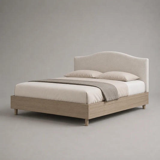 Bettgestell 160 × 200 cm aus Holzwerkstoff mit gepolstertem Kopfteil, Beige/Naturfarben, 168 × 216 × 112 cm